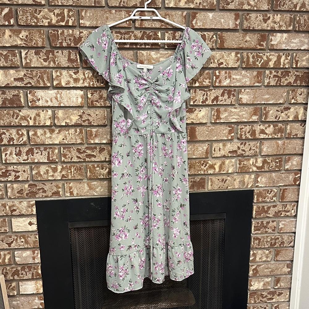 Monteau Floral Sage Green Ruffle Midi Dress